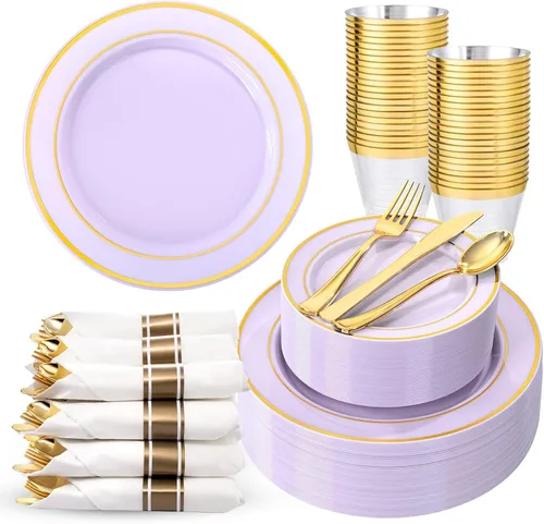 Miniatura 31 de 350 piezas de platos de plástico negro y dorado con cubiertos desechables, incluye 50 platos de cena de 9 pulgadas, 50 platos de postre de 6.3