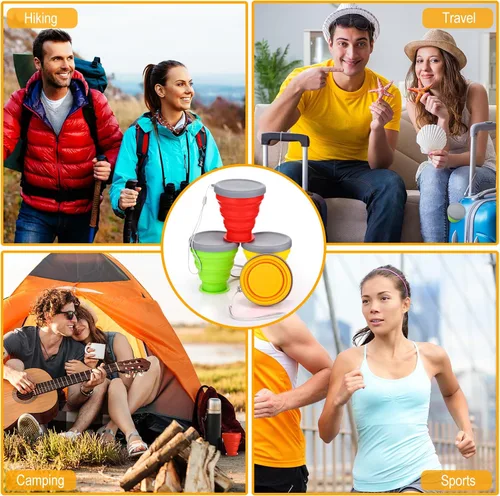 Miniatura 5 de Umigy 9 unidades de 6.8 onzas / 6.8 fl oz de silicona plegable taza con tapa, botellas de agua plegables reutilizables, pequeñas tazas de viaje