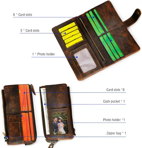 Miniatura 63 de Genuino Caballo Loco Cuero Regalo de Viaje Moneda Bolsillo Tarjetero Organizador Largo Cadena Rfid Cartera Monedero Con Broche Para Hombres Hombres