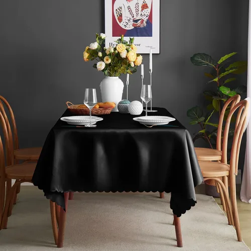 Miniatura 2 de KKJIAF Paquete de 1 mantel de satén negro de 58 x 102 pulgadas, rectangular, brillante, sedoso y suave, para decoración de banquete de boda, fiesta