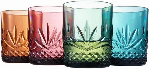 Vasos irrompibles de plástico Tritan para cóctel, whisky, agua y vino | Juego de 4 vasos | Rocas reutilizables a la antigua, colores pastel Tenue
