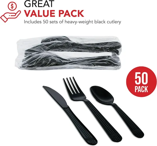 Miniatura 3 de Party Essentials Kits de utensilios de plástico resistentes envueltos individualmente, 50 juegos para catering de fiestas, tenedor/cuchara/cuchillo