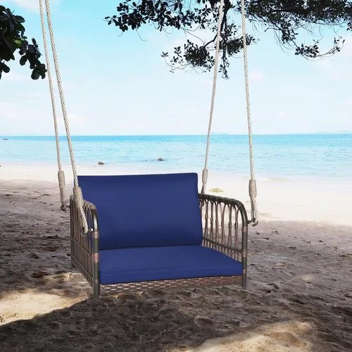 Miniatura 3 de HAPPYGRILL Silla de columpio para porche, asiento colgante tejido de ratán con cuerdas para colgar, ganchos de cojines, banco colgante de mimbre