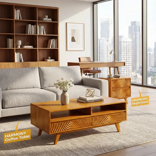 Miniatura 7 de Acacia Harmony - Mesa de centro de madera maciza de goma con cajones y almacenamiento abierto, 47.2 pulgadas de largo, mesas de centro perfectas