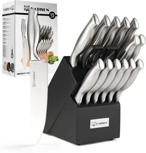 Miniatura 9 de Juego de cuchillos de cocina de 15 piezas con afilador integrado, juego de bloques de cuchillos de acero inoxidable alemán, apto para lavavajillas