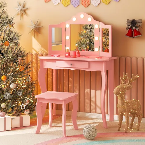 Miniatura 12 de HONEY JOY Juego de tocador para niños con espejo, mesa de tocador de madera 2 en 1 con taburete, espejo plegable y cajón, parte superior extraíble
