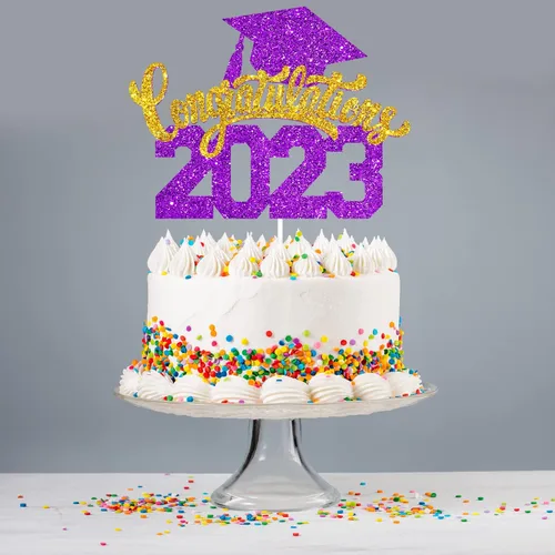 Miniatura 6 de Felicitaciones 2023 - Decoración para pastel de graduación 2023, suministros de pastel de purpurina morada para fiesta de graduación, decoración