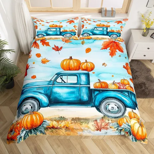 Miniatura 2 de Erosebridal Funda de edredón de calabaza con dibujos animados para automóvil, juego de ropa de cama de calabaza azul para niños pequeños, funda