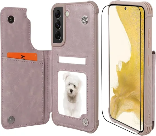 Miniatura 16 de VANAVAGY Funda tipo cartera compatible con Galaxy S22 con soporte para tarjetas de bloqueo RFID, piel sintética, cierre magnético, función atril