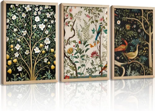 Miniatura 8 de 3 piezas enmarcadas de plantas de fase lunar en lienzo, arte de pared retro con diseño de flores de luna, impresión de póster con imagen celestial