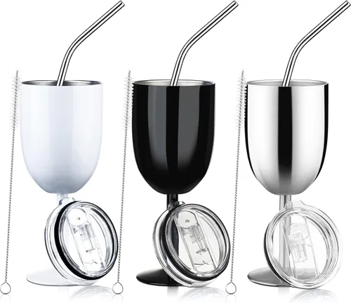 Miniatura 12 de Geiserailie - Paquete de 3 copas de vino de acero inoxidable de 10 onzas con tapa y pajilla, vaso de vino con aislamiento de doble pared con cepillo
