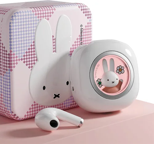Miffy - Auriculares Bluetooth 5.3 Pro - IPX5 impermeables, controles táctiles, adorable caja de hierro 3D reutilizable Miffy embalaje (rosa)