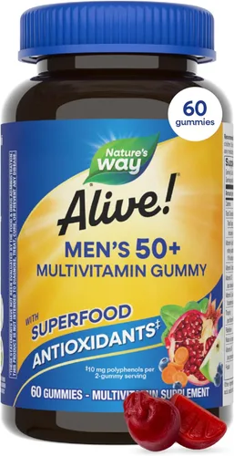 Nature's Way ¡Alive! Multivitaminas diarias en gomitas para hombres de 50+, apoya la salud del cerebro, los ojos, el corazón*, vitaminas B, sin