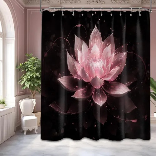 Miniatura 52 de Cortina de ducha con flores de loto negro y azul para decoración de baño, juego de cortinas decorativas de baño con estampado floral, tela