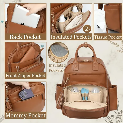 Miniatura 4 de Omanmoli Mochila para pañales, bolsa de bebé de cuero con 16 bolsillos, mochila grande para pañales de viaje, organizador esencial para bebé, 4 Negro