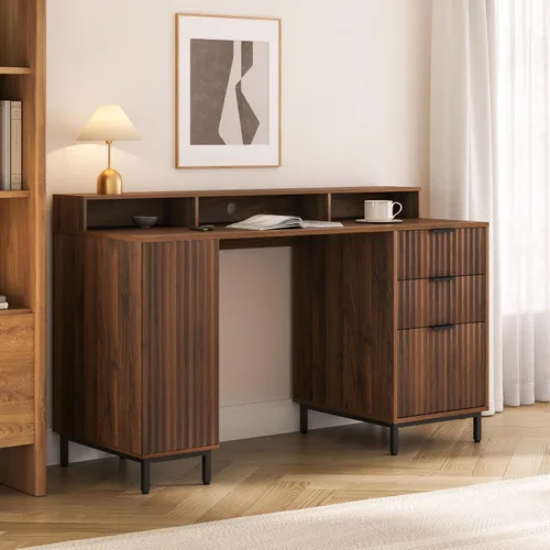 Miniatura 7 de EYYTHUNG Escritorio ejecutivo acanalado con estante de almacenamiento y cajón de archivos, escritorio de oficina de madera moderno de 55 pulgadas