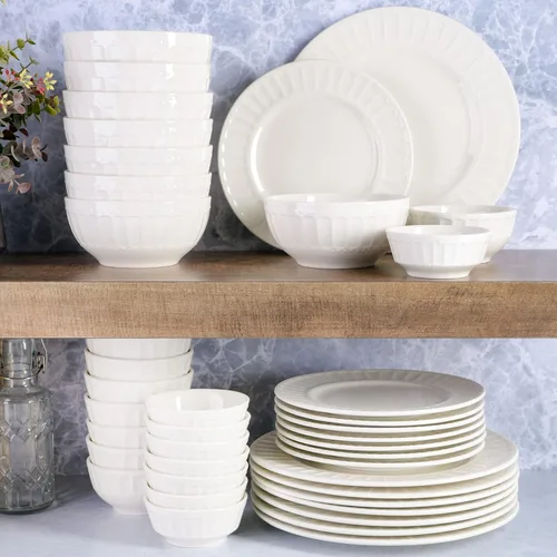 Miniatura 5 de Gibson Home Zen Buffet - Juego de vajilla de cerámica de porcelana para 8, platos y cuencos (40 unidades), platos en relieve blanco Blanco