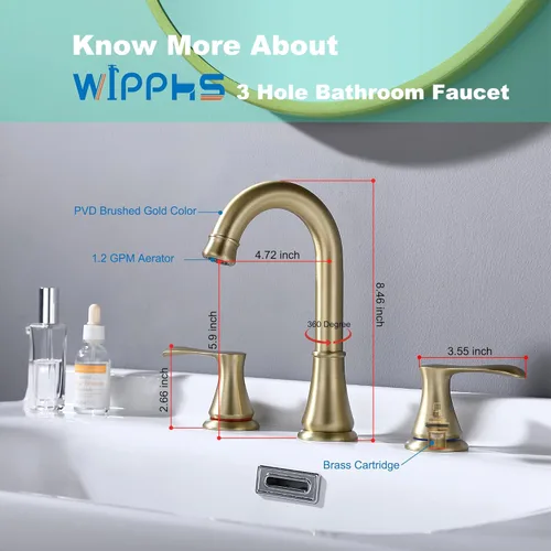 Miniatura 5 de Grifo de Baño para Lavabo de 3 Orificios con Desagüe Emergente y Manguera de Suministro de Grifos cUPC, Grifo de Lavabo de Baño Extendido de Latón