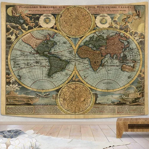 Miniatura 3 de Tapiz vintage de mapa del mundo, antiguo mapa náutico antiguo del mundo, arte de pared, geografía histórica del Atlas, tapiz retro pirata