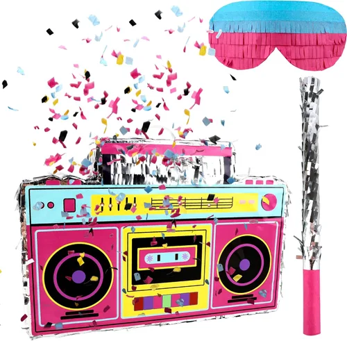 El juego de radio Boombox de los años 80 y 90 incluye boombox para piñata y palo de murciélago, confeti de colores para adultos y niños, 80 y 90,