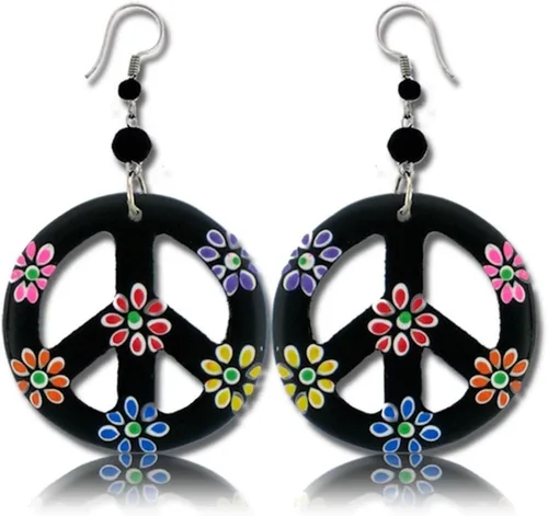 Earth Accessories Aretes colgantes con signo de la paz con madera orgánica, accesorios hippie y disfraz hippie para los años 60 o 70