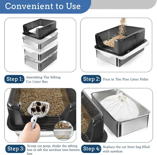 Miniatura 5 de Caja de arena de acero inoxidable, 24 x 16 x 12 pulgadas, caja de arena de metal extra grande para pellets de pino, caja de arena de metal de lados