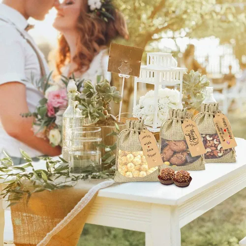 Miniatura 5 de GIOIPC 20 bolsas transparentes de arpillera de lino de 5 x 7 pulgadas con cordón y etiquetas de regalo adicionales para boda y cumpleaños, bolsas
