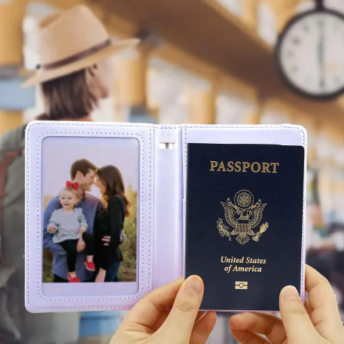 Miniatura 3 de Soporte para pasaporte y tarjetero de vacuna, cartera para pasaporte, funda para pasaporte con bloqueo RFID, Púrpura, Compacto