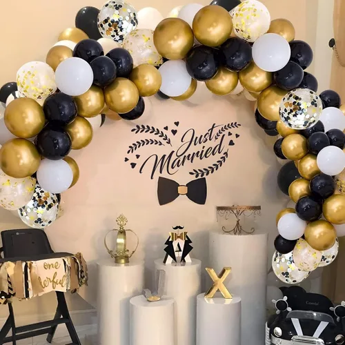 Miniatura 3 de Kit de 72 globos de confeti negro y dorado, globos negros, dorados y blancos de 12 pulgadas y globos de confeti dorado con cintas para globos