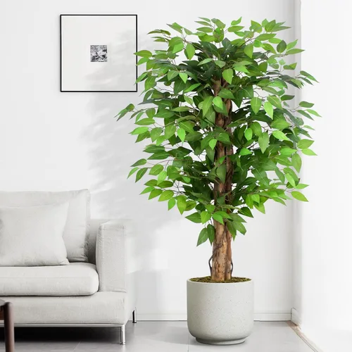 Miniatura 12 de Árboles artificiales de ficus de 3 pies con troncos naturales curvados, árbol exuberante de 36" de altura, árbol falso de ficus realista en verde