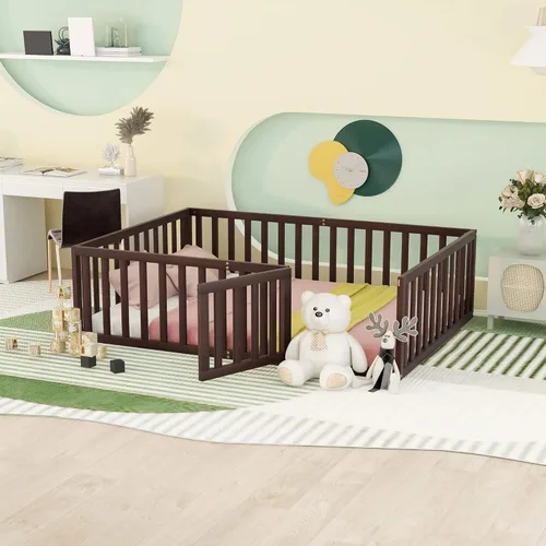 Miniatura 19 de MERITLINE Base de cama de tamaño individual para niños, cama de madera para niños con valla, cama Montessori con puerta, para niños mayores de 6