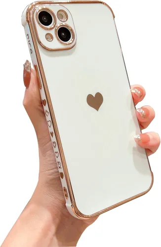 Miniatura 13 de DEFBSC Funda compatible con iPhone 15, con borde galvanizado, diseño de corazón con correa para la muñeca, protección completa de la cámara