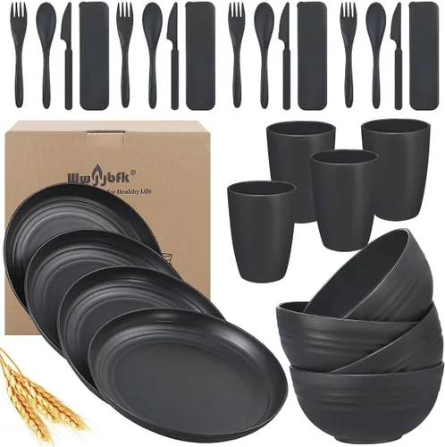 Miniatura 9 de Juego de vajilla de paja de trigo para 4, platos y tazones de paja de trigo, platos de cocina, 28 piezas, artículos esenciales para dormitorio