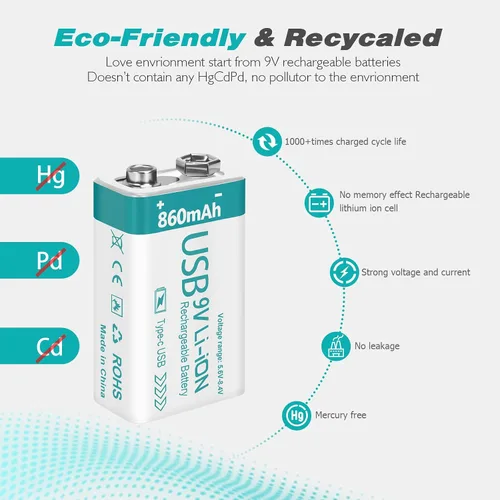 Miniatura 4 de Batería recargable de litio USB de 9 V de 860 mAh con cable de carga 4 en 1, baterías de 9 voltios 6f22 para detectores de humo (paquete de 8)