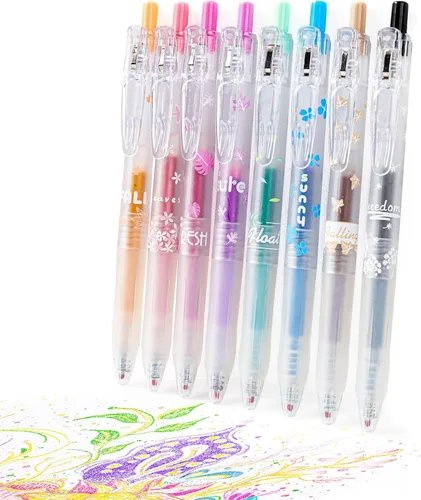 HANKU Juego de 8 bolígrafos de gel retráctiles de 8 colores, juego de bolígrafos de gel brillantes de estilo japonés, 0.7mm, bolígrafos de colores
