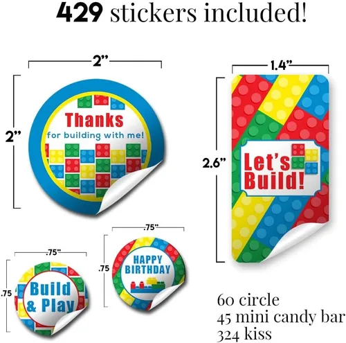 Miniatura 3 de Kit de calcomanías para fiesta de cumpleaños de bloques de construcción y ladrillos, 429 piezas, incluye 60 calcomanías circulares de 2 pulgadas