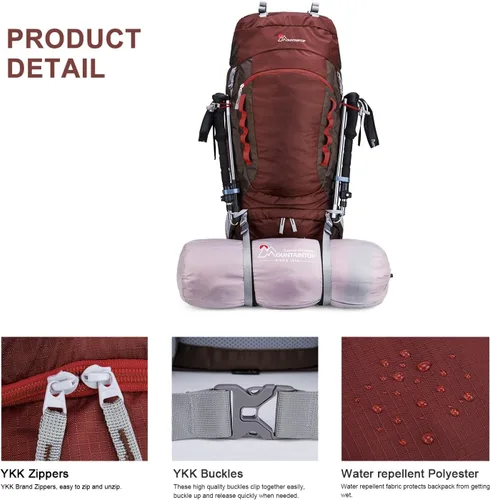 Miniatura 7 de MOUNTAINTOP Mochila de marco interno de 80L para hombre y mujer Mochila de senderismo con cubierta de lluvia Granate-80l