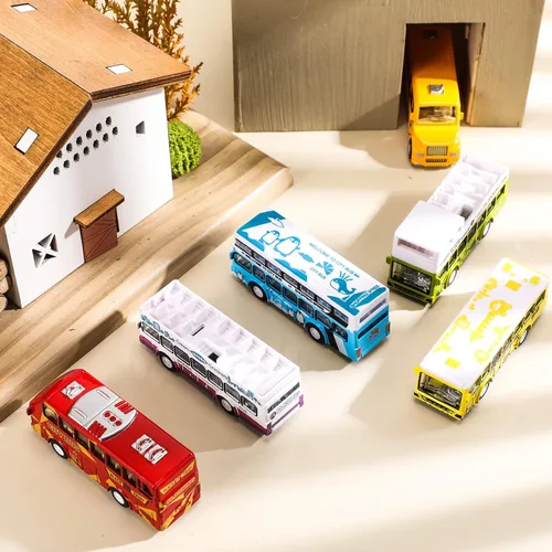 Miniatura 6 de Hanaive Juego de 6 piezas de coches de autobús escolar, juego de autos pequeños de metal fundido a presión, autobús urbano, autobús de doble piso