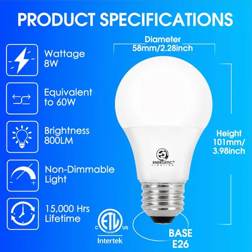 Miniatura 2 de Bombillas Energetic Light Equivalentes a 60 Vatios, Bombillas LED de Luz Diurna A19, 15000 Horas Base E26, Bombilla de 8W 800LM 5000K, Certificado