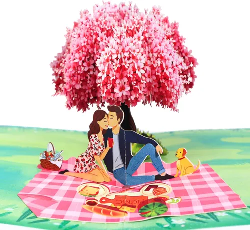 CUTE POPUP Tarjeta de aniversario desplegable 3D para esposa, marido, novia, novio, escena romántica de picnic para pareja, aniversario de boda, te