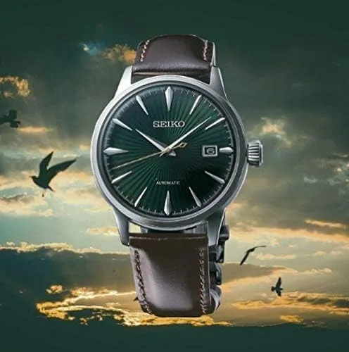 Miniatura 4 de SEIKO Mens PRESAGE 'Mockingbird' Cocktail Dial verde con reloj de cuero marrón SRPD37J1, Blanco, Moderno
