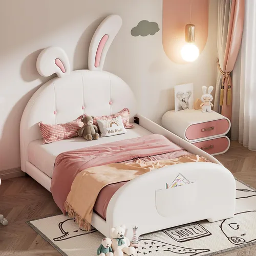 Miniatura 12 de Cama de princesa tapizada en forma de conejo de tamaño individual, moderna y bonita cama de plataforma de piel sintética con cabecero y estribo