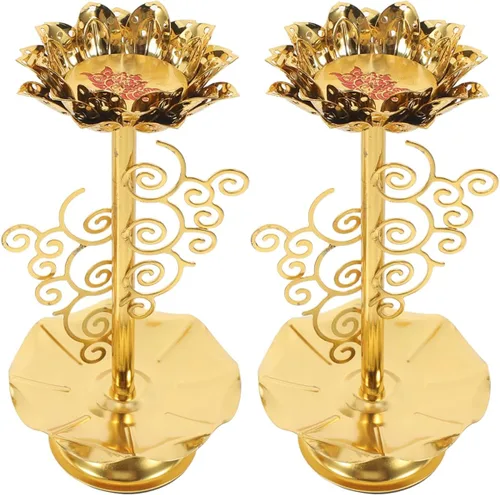 2 portavelas de loto de aleación dorada, soporte de lámpara de mantequilla budista para meditación, altar del hogar y decoración del templo, diseño