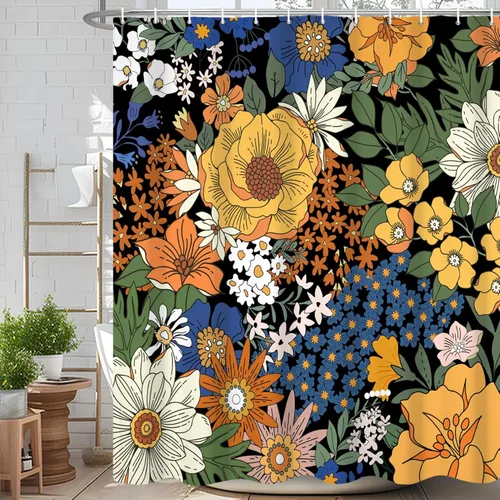 Morden - Cortina de ducha vintage con diseño floral bohemio, abstracto, colorido, botánico, floral, cortina de baño, impermeable, lavable, Estilo
