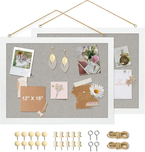 Miniatura 12 de Tablero de corcho de doble cara con lino, tablero de anuncios pequeño con marco de madera colgante de 12 x 12 pulgadas, kit de tablero de visión