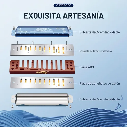 Miniatura 2 de East top - Armónica llave de C, armónica de 10 agujeros 008K diatónica con estuche azul, armónica estándar para adultos, profesionales, Azul-C