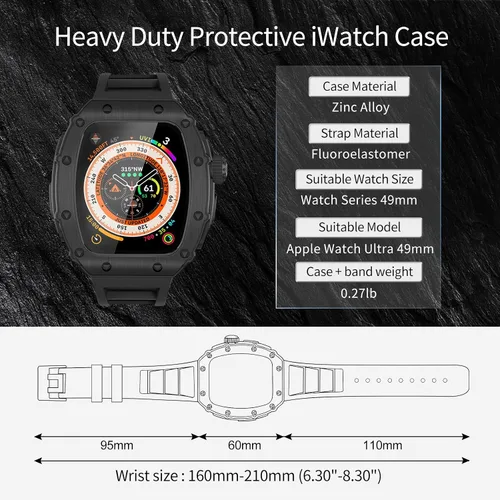 Miniatura 6 de Estuche de Lujo para Apple Watch Ultra 3/2/1 49mm Banda FKM, Cubierta de Metal con Parachoques Resistente + Vidrio Incorporado + Correa