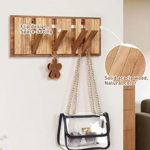 Miniatura 5 de Perchero de pared para entrada: Plegable rústico de madera con 8 ganchos, montaje de 16.5 pulgadas, elegante colgador de piano para pasillo