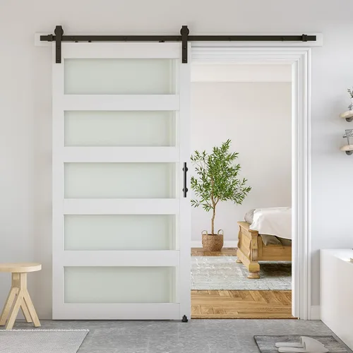 Miniatura 11 de SMARTSTANDARD Puerta de granero de vidrio de 36 x 84 pulgadas con kit de herramientas de 6.6 pies incluido, vidrio de 5 paneles, requiere montaje
