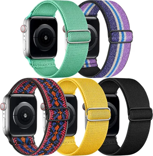 Miniatura 23 de 5 Pack de bandas elásticas de nylon compatibles con Apple Watch de 40 mm, 41 mm, 42 mm, 44 mm, 45 mm, 46 mm, 49 mm, 38 mm para mujeres y hombres
